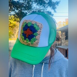 Green Trucker Hat with Crochet Patch